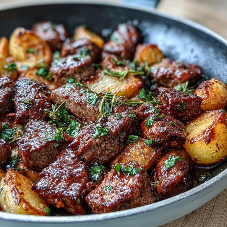 Tender steak and crispy potatoes tossed in garlicky butter, finished with fresh parsley garnish.