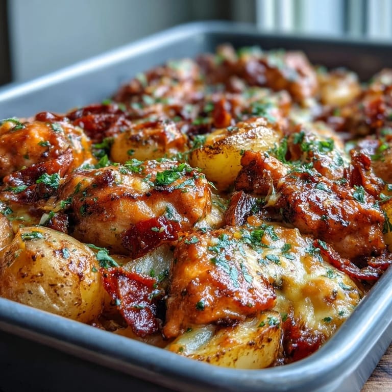 Sizzling Buffalo Ranch Chicken Potato Bake fresh from the oven, drizzled with ranch dressing and served with a side salad.