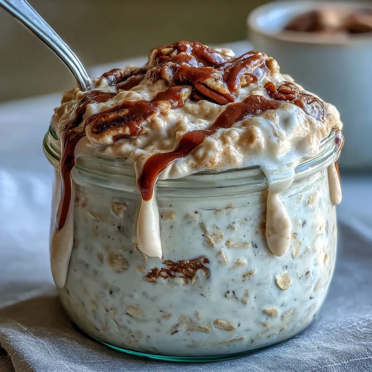 Overnight jar of High-Protein Cinnamon Roll Overnight Oats with a thick Greek yogurt and vanilla protein base, ready to eat for a healthy breakfast.
