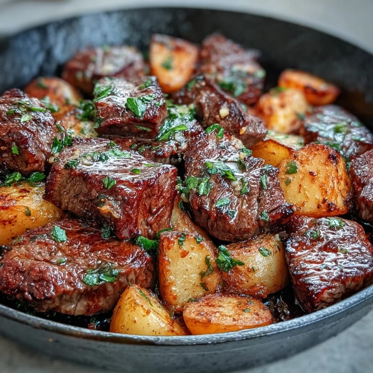 Plated Garlic Butter Steak & Potato Skillet featuring tender steak, crispy potatoes, and a glossy garlic butter sauce, paired with a glass of red wine.
