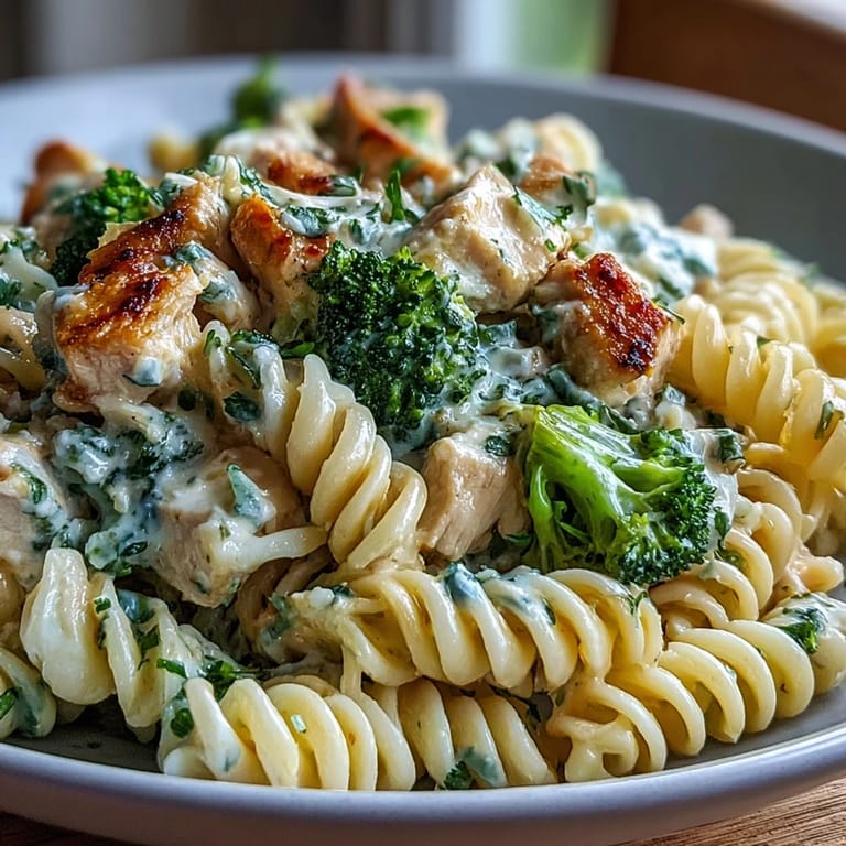 Steamy Garlic Parmesan Broccoli & Chicken Pasta plated with a side salad, perfect for a cozy weeknight dinner.