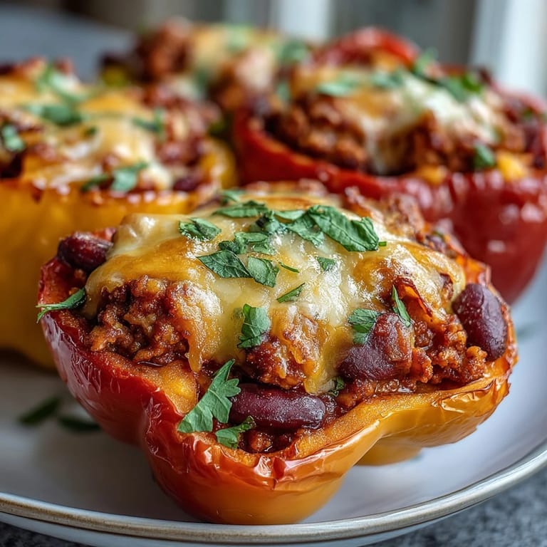 Steam rises from the spicy chili mac filling inside tender baked bell pepper cups.