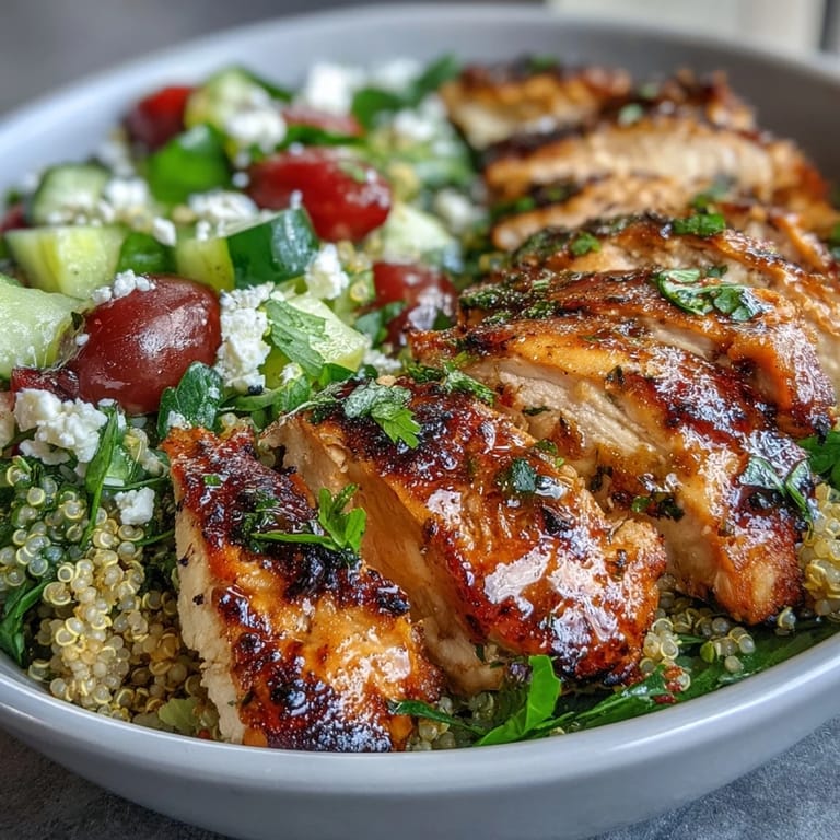 Freshly grilled chicken sits atop Lemon Herb Grilled Chicken Salad with quinoa.