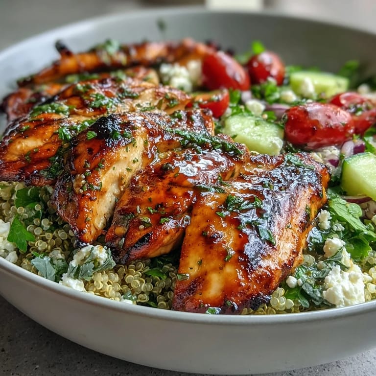 Close-up of Lemon Herb Grilled Chicken Salad with feta and a drizzle.