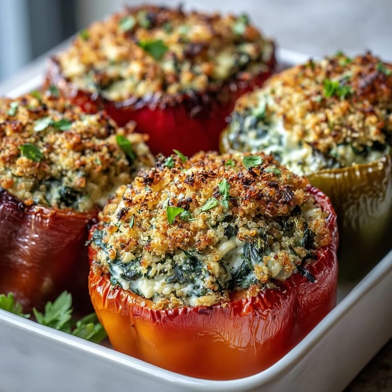 Hearty Vegan Spinach and Artichoke Stuffed Peppers filled with quinoa and cashew cream, resting in a ceramic baking dish.