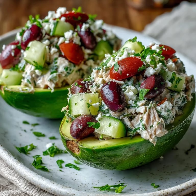 Spoonfuls of the colorful tuna mixture spill from the creamy avocado halves, highlighting Kalamata olives and crunchy cucumbers.