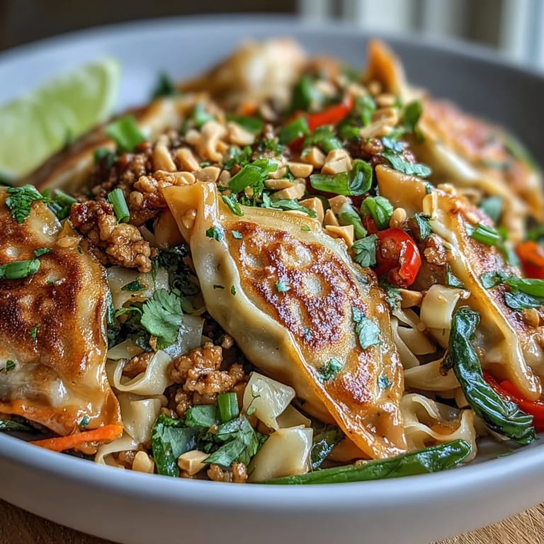 Close-up of Creamy Thai-Inspired Peanut Noodle Bowls featuring ground chicken and crispy noodles in sauce.