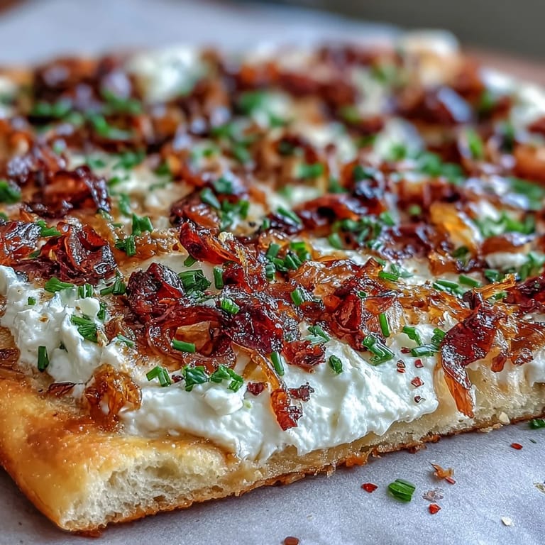 Freshly baked Goat Cheese & Caramelized Onion Flatbread, garnished with thyme and a hint of chili heat, ready for a party appetizer.