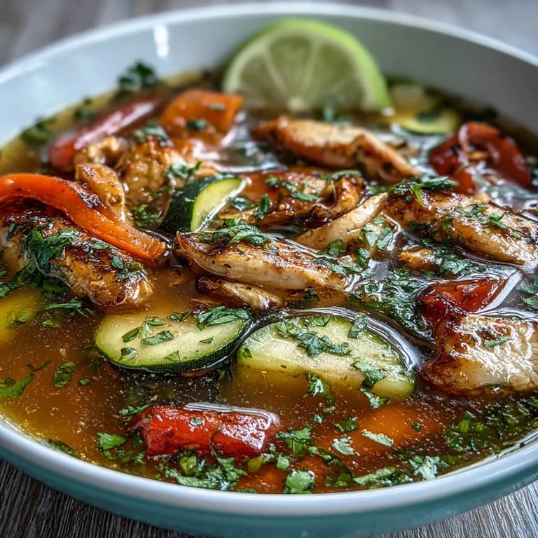 Colorful chicken fajita soup with tender zucchini, bell peppers, and spices, served in a rustic pot for a healthy Tex-Mex meal.  