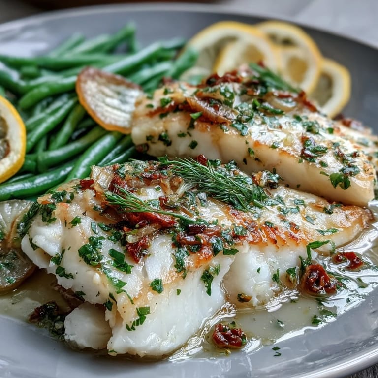 Zesty tilapia fillets baked with green beans in foil, topped with lemon and garlic.  