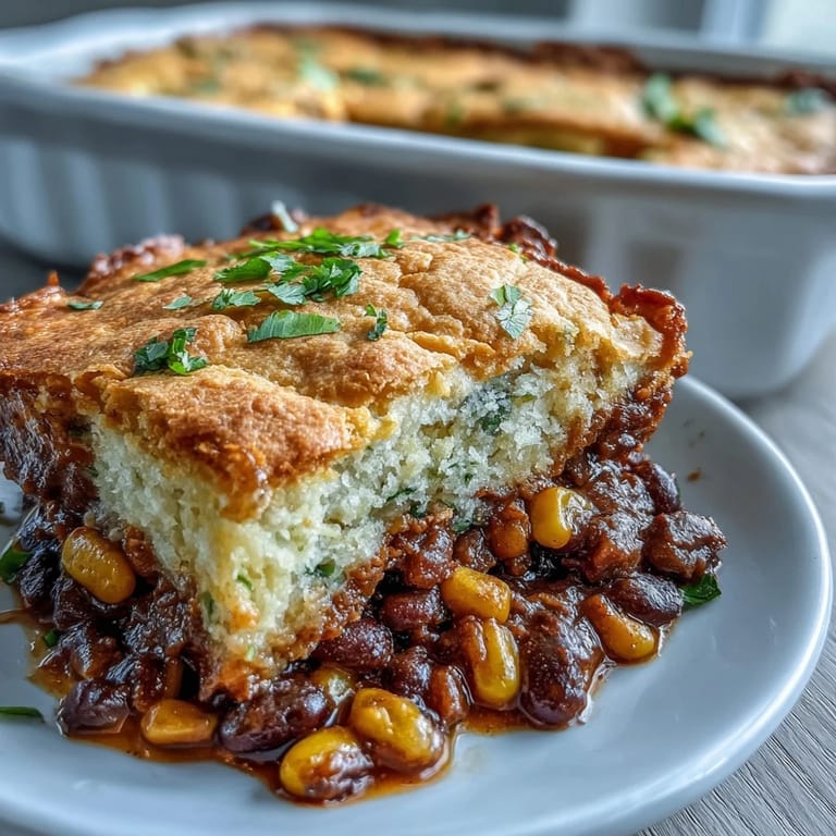 Tex-Mex inspired vegan pot pie combining savory bean taco mixture with sweet cornbread topping, served hot from the oven.