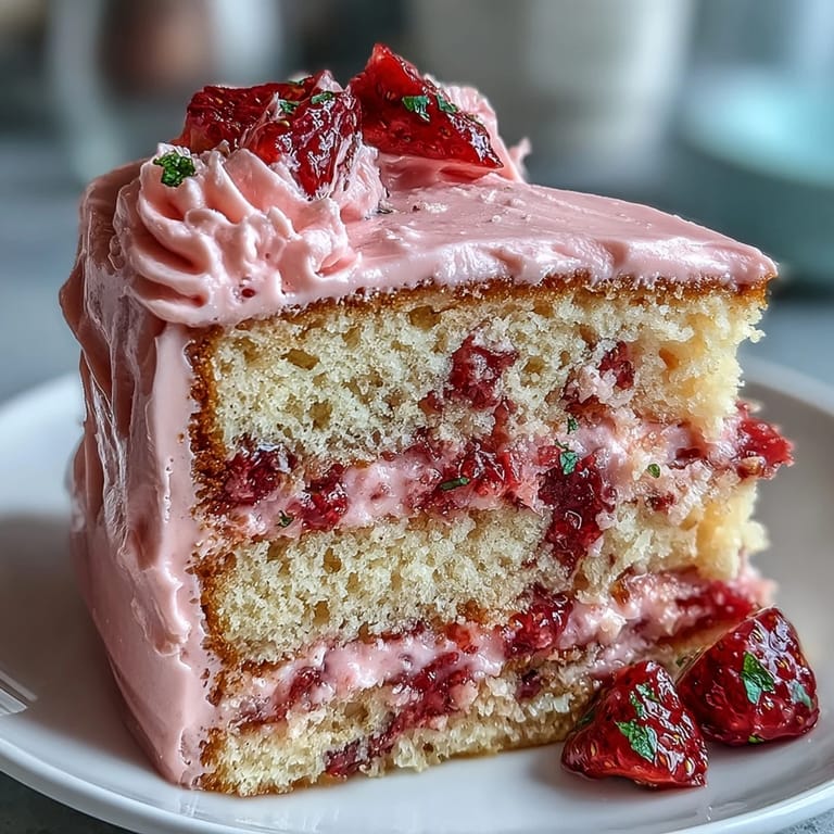 Homemade Galentine's pink strawberry lemonade cake featuring zesty lemon layers and luscious strawberry frosting, garnished with fresh berries and edible flowers.