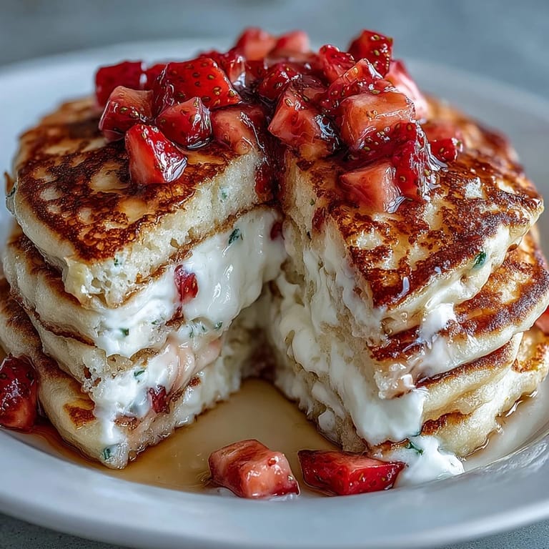 Golden-brown protein pancakes with cottage cheese and juicy strawberries, perfect for post-workout fuel.  