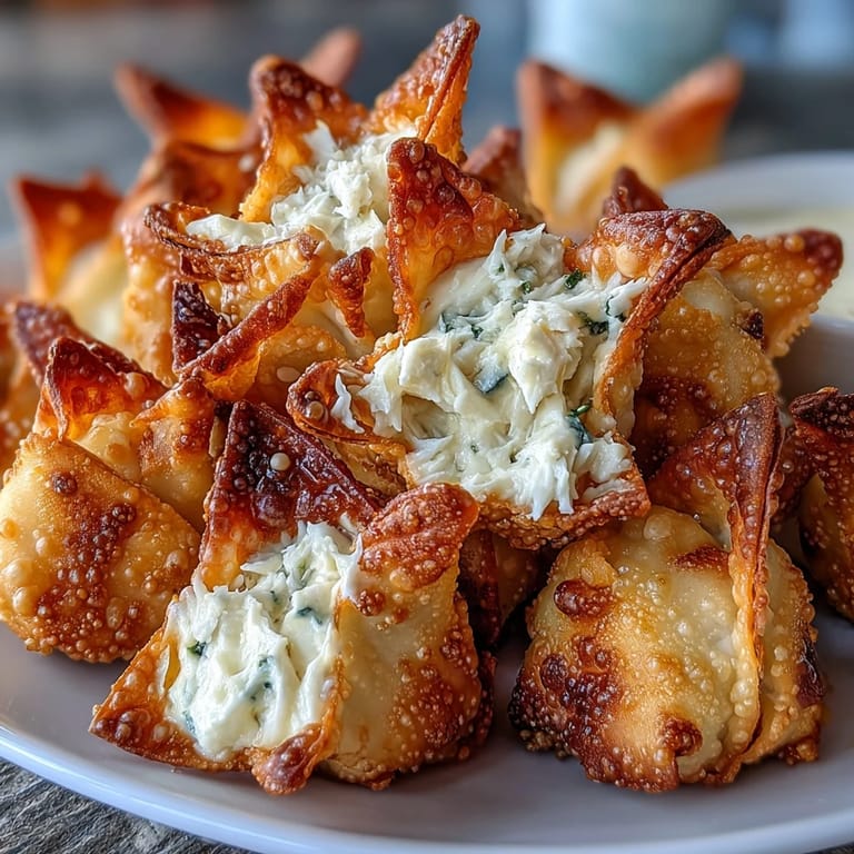 Golden wonton triangles stuffed with savory crab meat and cream cheese, air-fried until perfectly crisp and crunchy.  