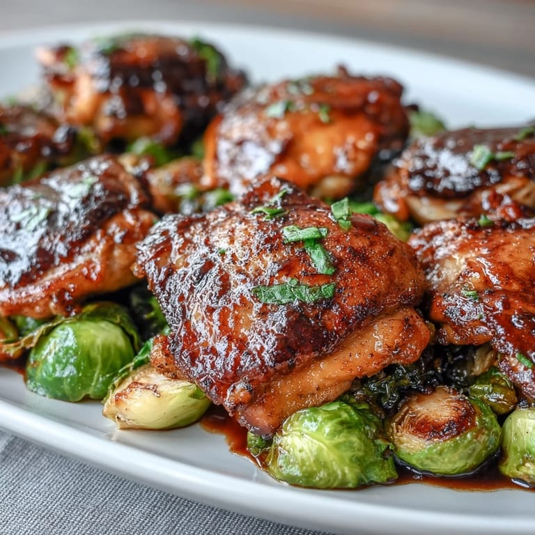 Roasted chicken thighs with balsamic glaze, Brussels sprouts, and juicy grapes for a flavorful and easy weeknight meal.  