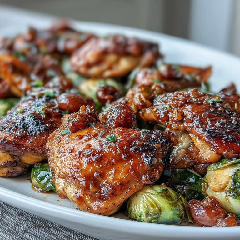 Golden balsamic-glazed chicken thighs roasted with Brussels sprouts and red grapes on a sheet pan for a simple, hearty dinner.