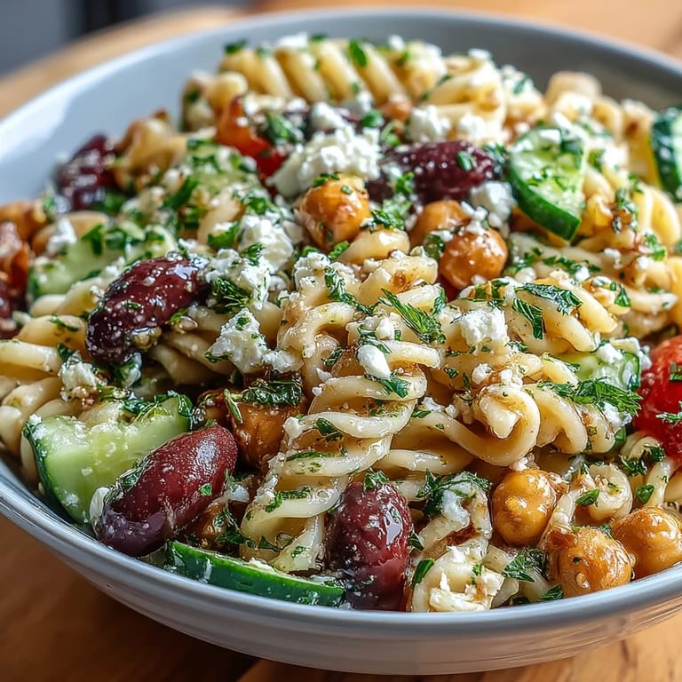 Colorful Mediterranean pasta salad featuring chickpeas, crisp cucumber, tomatoes, and olives tossed with tangy feta and fresh herbs.  