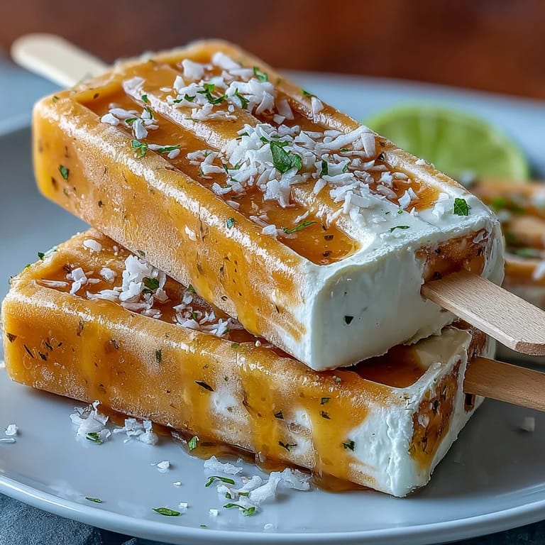 Luscious mango and Greek yogurt popsicles swirled with lime and coconut, offering a creamy, guilt-free dessert perfect for hot days.