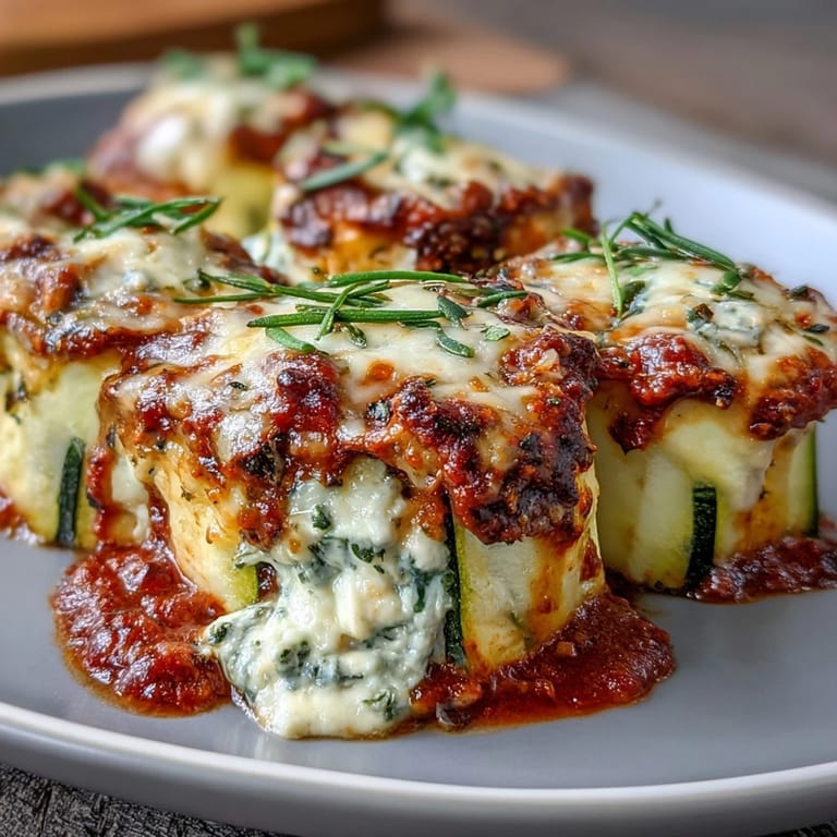 Low-carb zucchini lasagna roll-ups filled with herb-infused ricotta, Parmesan, and gooey mozzarella, baked until bubbly and golden in rich marinara.