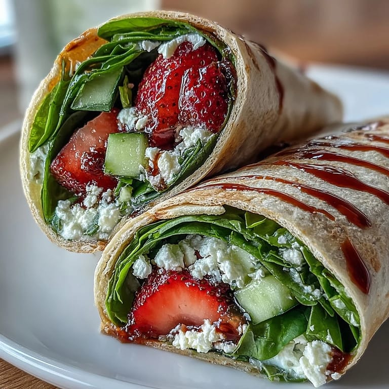 Homemade fresh strawberry spinach wraps showcasing juicy strawberries, tender baby spinach, and crumbled goat cheese for a light vegetarian lunch.