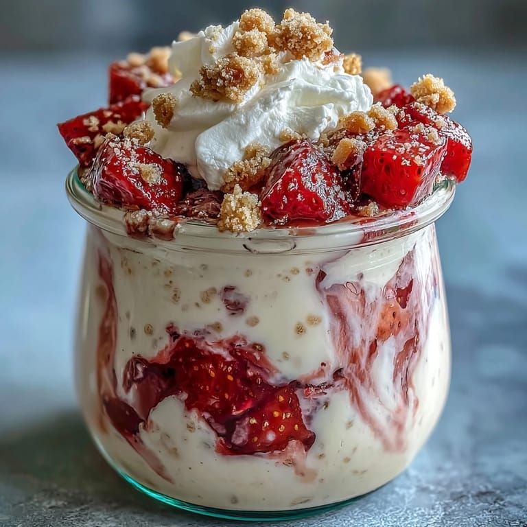 Layered strawberry shortcake overnight oats featuring juicy berries, vanilla-infused oats, and a dollop of whipped cream for a decadent breakfast treat.
