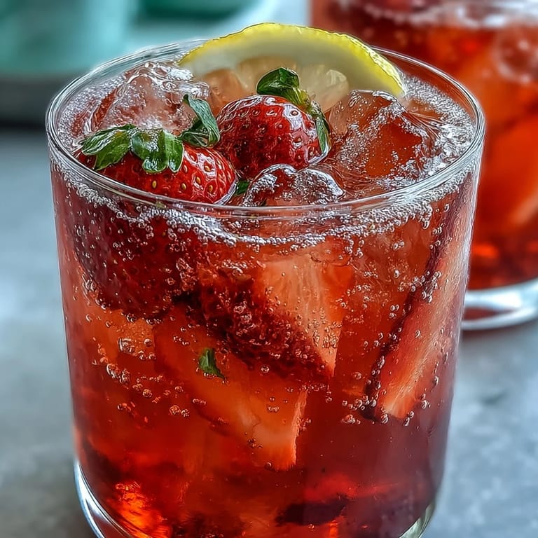 Refreshing vegan strawberry lemonade mocktail with bright red berries, lemon wedges, and fizzy sparkling water, ideal for gluten-free summer gatherings.