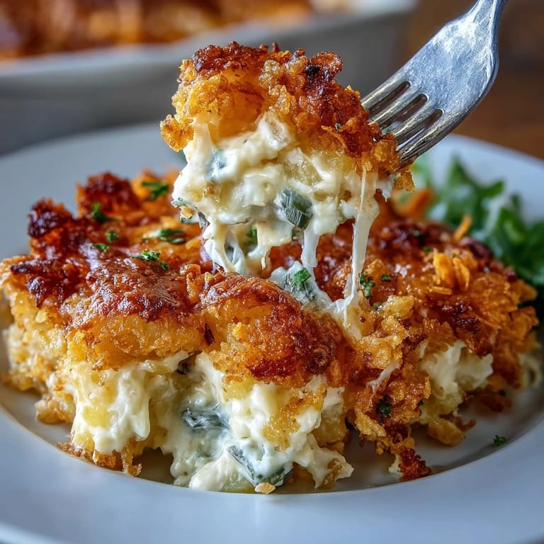 Spicy jalapeño and cheddar funeral potatoes baked until bubbly with crunchy topping