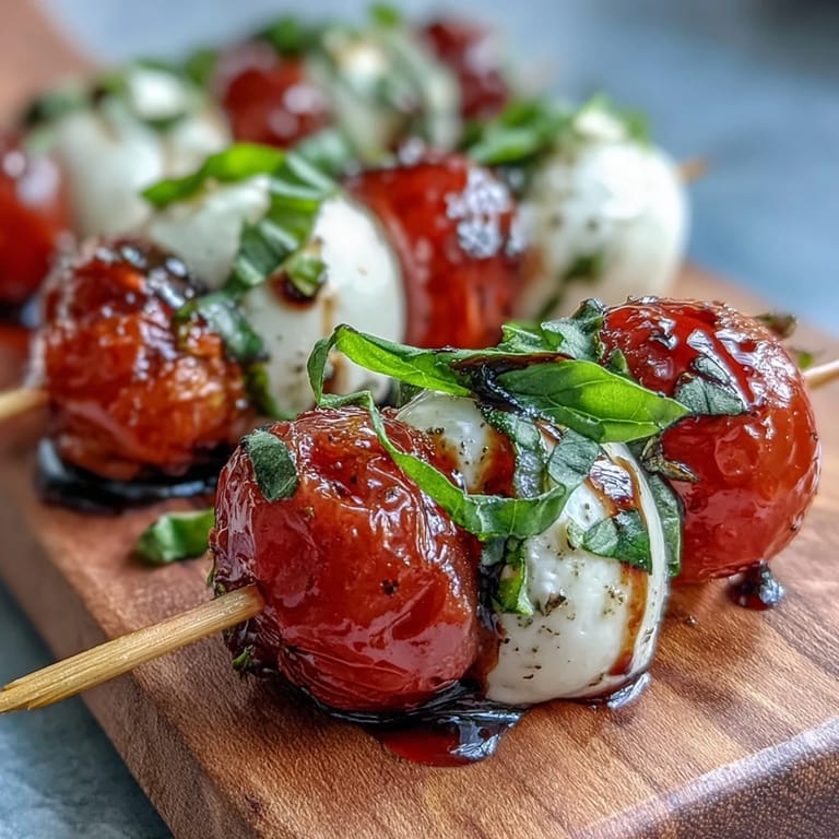 Easy Caprese Skewers with Balsamic Glaze: Juicy cherry tomatoes, creamy mozzarella, and basil leaves, lightly seasoned and finished with a rich balsamic drizzle.  
