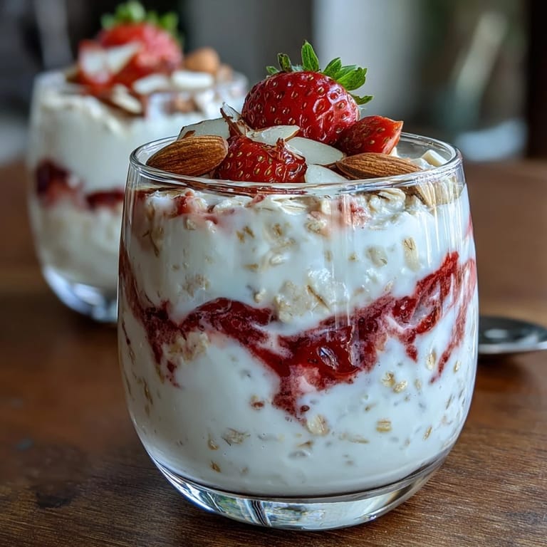 Whipped Greek yogurt oats layered with a luscious strawberry swirl for a light, nutritious breakfast.  