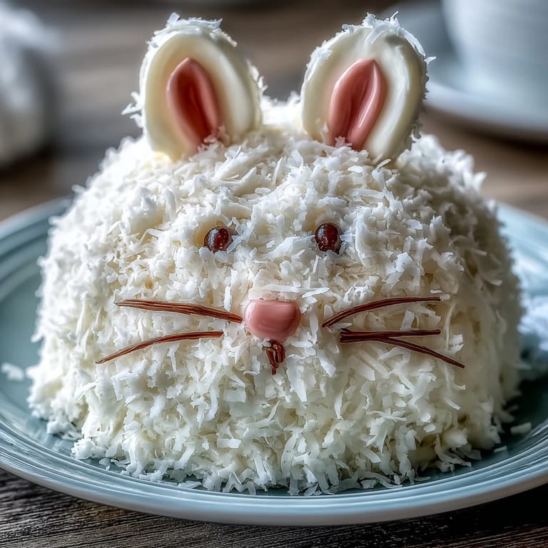 A charming bunny-shaped cake decorated with coconut frosting, pink-tinted ears, and candy accents, perfect for Easter celebrations.