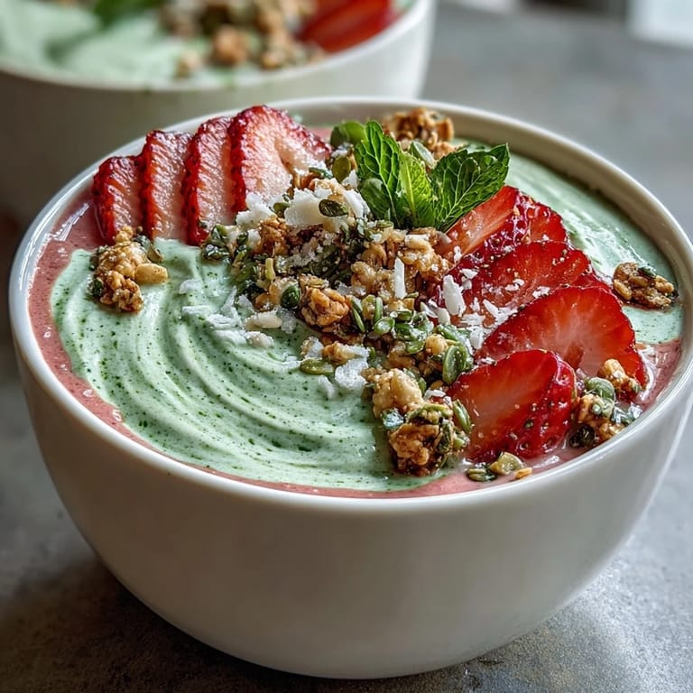 Vibrant Strawberry Matcha Latte Smoothie Bowl topped with chia seeds, coconut flakes, and fresh mint for a refreshing treat.