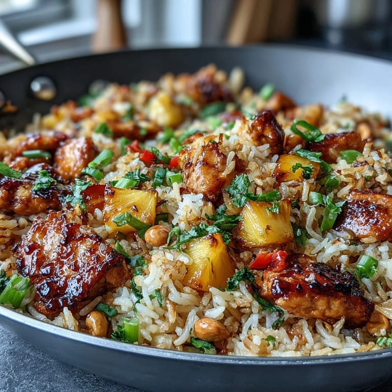 Vibrant Hawaiian Pineapple Chicken Fried Rice with fresh vegetables, pineapple, and chicken, perfect for a quick and flavorful dinner.
