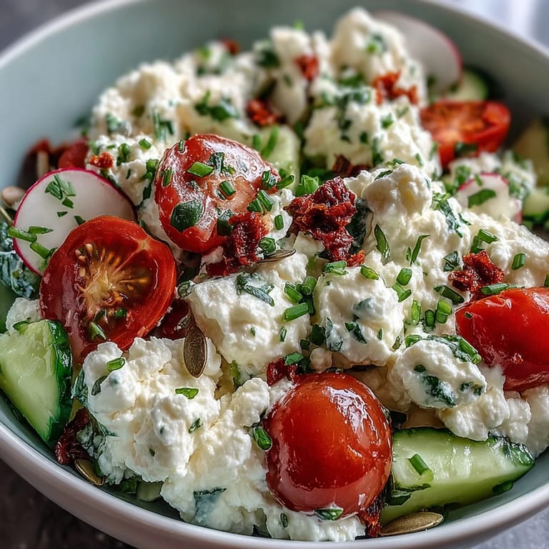 Savory cottage cheese bowl loaded with colorful veggies, olive oil drizzle, and fresh herbs for a nutritious morning meal.