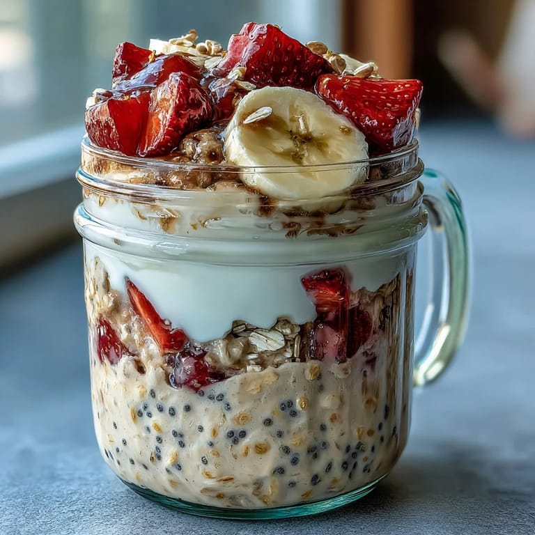 Nutritious strawberry banana chia overnight oats, topped with fresh fruit and ready for an easy morning meal.