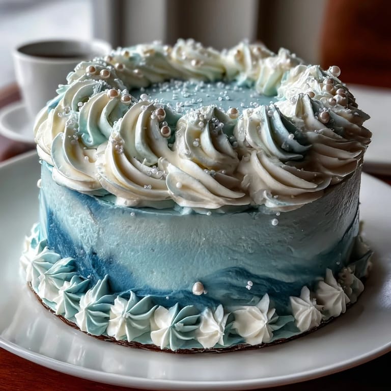 Moist vanilla sheet cake decorated with flowing blue buttercream waves and shimmering edible pearls for a Pisces-inspired ocean theme.