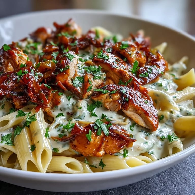 Savory Mississippi Chicken Pasta featuring slow-cooked chicken, creamy sauce, and zesty pepperoncini over tender penne pasta.