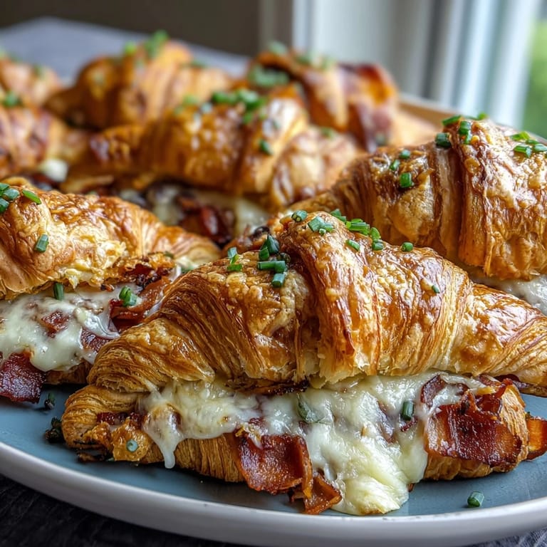 Creamy ham and Swiss croissant bake, featuring flaky croissants, smoky ham, and rich custard, baked until bubbly and golden.