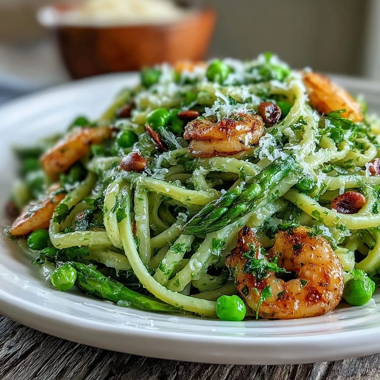Fresh shaved asparagus and pea salad with lemon dressing, topped with Parmesan and toasted pine nuts for crunch.
