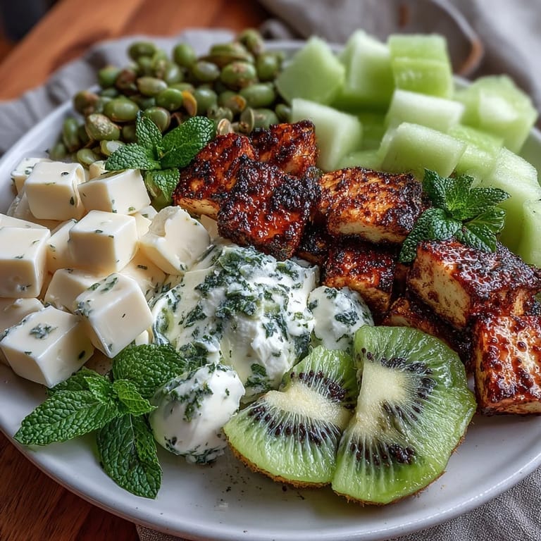 Vibrant green appetizer platter with honeydew melon, snap peas, wasabi peas, and matcha chocolate treats.