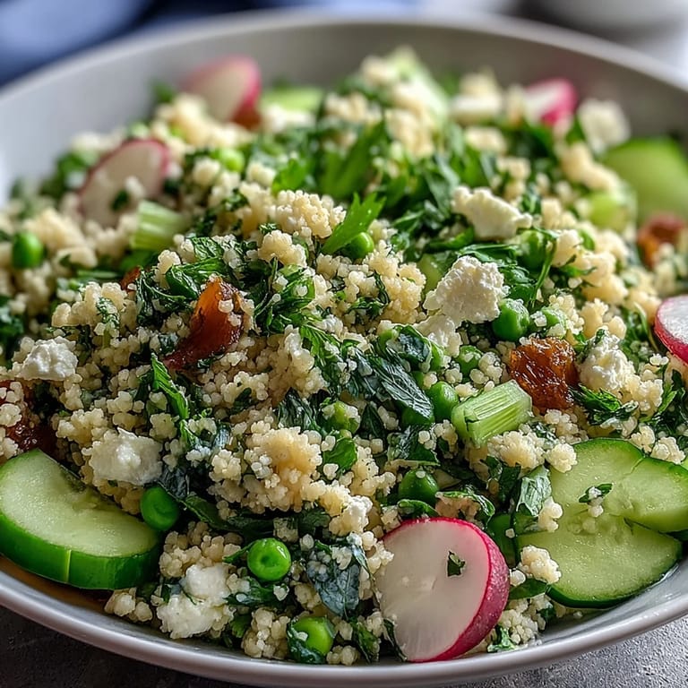 Colorful Spring Pea and Mint Couscous Salad featuring tender peas, crunchy cucumber, and radishes, garnished with feta for a refreshing Mediterranean side dish.