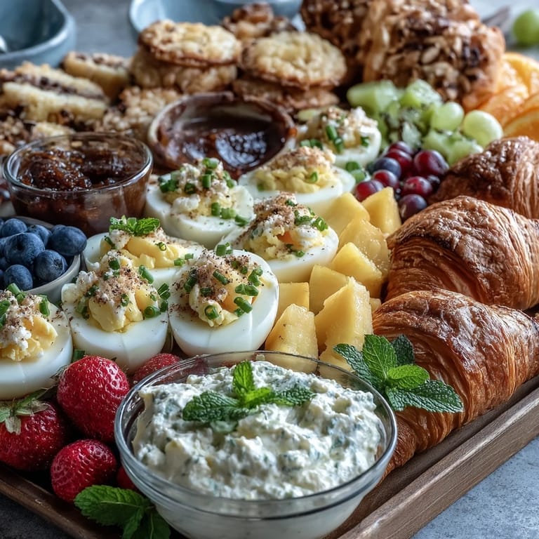 Colorful Easter brunch platter featuring classic deviled eggs, seasonal berries, and flaky pastries arranged for a celebratory gathering.