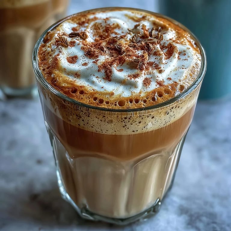 Two servings of dandelion tea latte with oat milk and vanilla, served in rustic ceramic mugs.