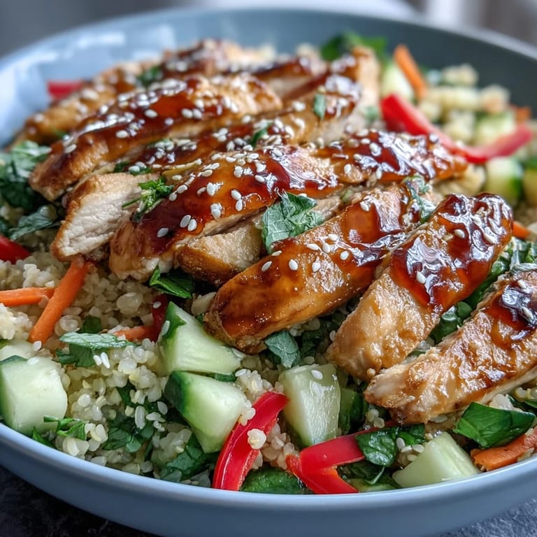 Warm, tender couscous tossed in a tangy sesame ginger sauce serves as the base for sliced marinated chicken and fresh herbs.