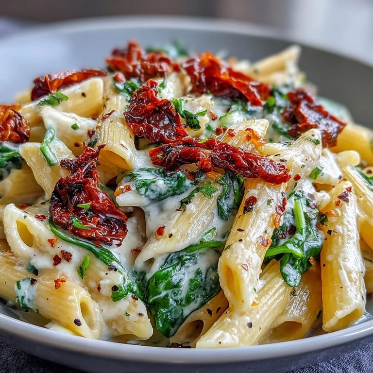 One-Pot Tuscan Pasta: penne simmered with garlic, white wine, and spinach for an easy Italian dinner.