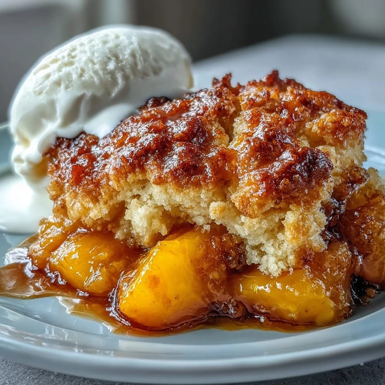 Slice of Peach Cobbler with Biscuit Topping, perfect with ice cream.
