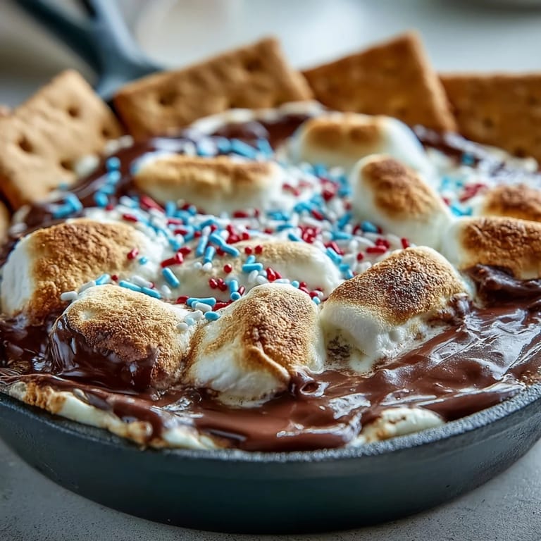 Warm, shareable 4th of July S'mores Dip with graham crackers.