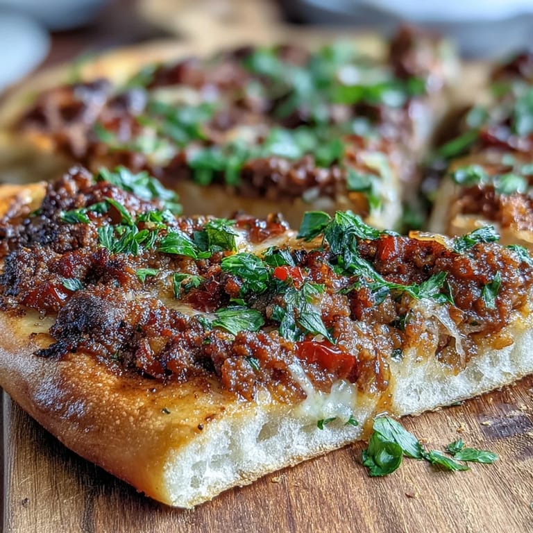 Golden Turkish Lahmacun Pizza with spiced ground lamb, ready to be garnished.