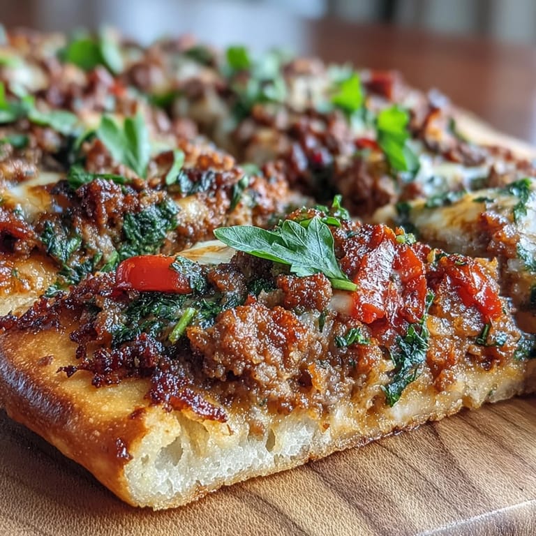 Delicious Turkish Lahmacun Pizza, a thin flatbread loaded with seasoned lamb.