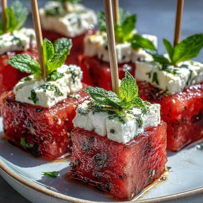 Juicy watermelon feta bites on toothpicks, drizzled with balsamic, perfect party appetizers.