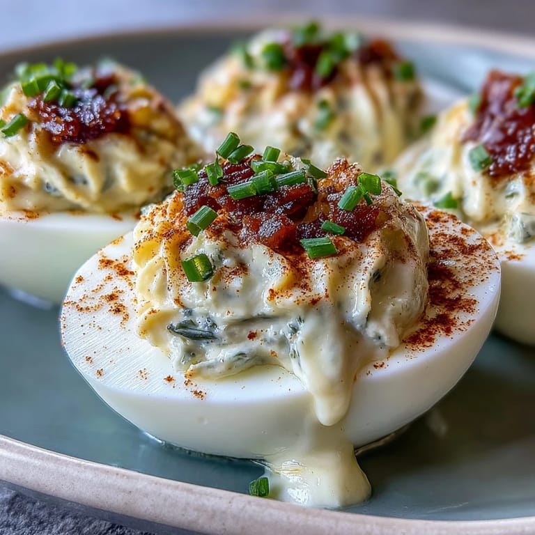 Deviled eggs with bright sweet pickle relish, perfect for your next BBQ.